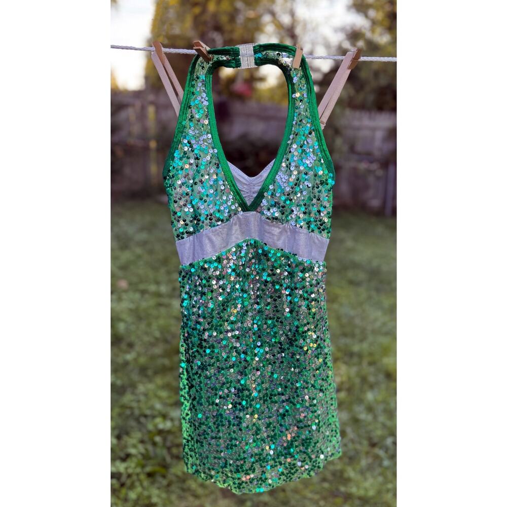 Kids Green Sequin Halter Dance Costume with Silver Accent